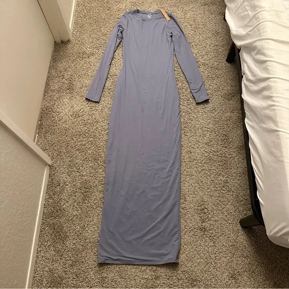 NWT SKIMS Fits Everybody Crew Neck Long Sleeve Dress Maxi | Slate - Picture 3 of 4
